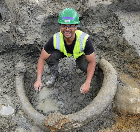 Sahil Ahmed with mammoth remains during fieldwork